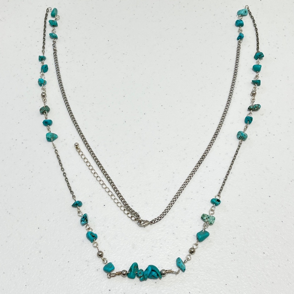 Handmade Turquoise & Silver Color Rope Necklace 47 Inch Beaded Chain